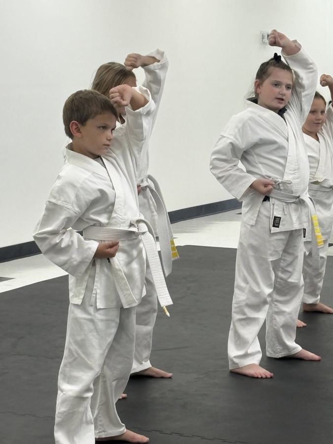 Kids karate students holding chamber position